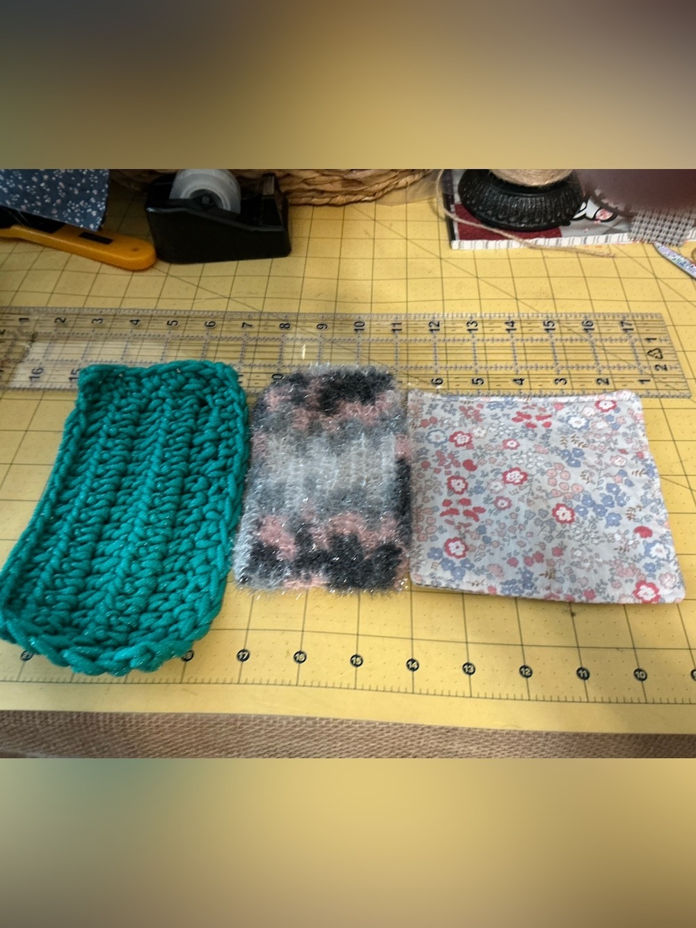2 Handmade crochet dish scrubbies and 1 sewn jar opener!